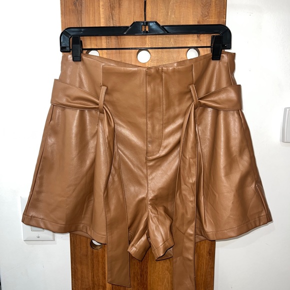 Vici Brown Faux Leather Paper Bag Tie Waist Shorts - Picture 2 of 4